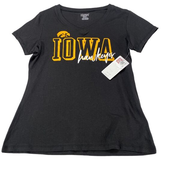 Iowa Hawkeyes Shirt Top Women's Medium Black Hanes Sports V Neck Tee Shirt - Picture 1 of 10